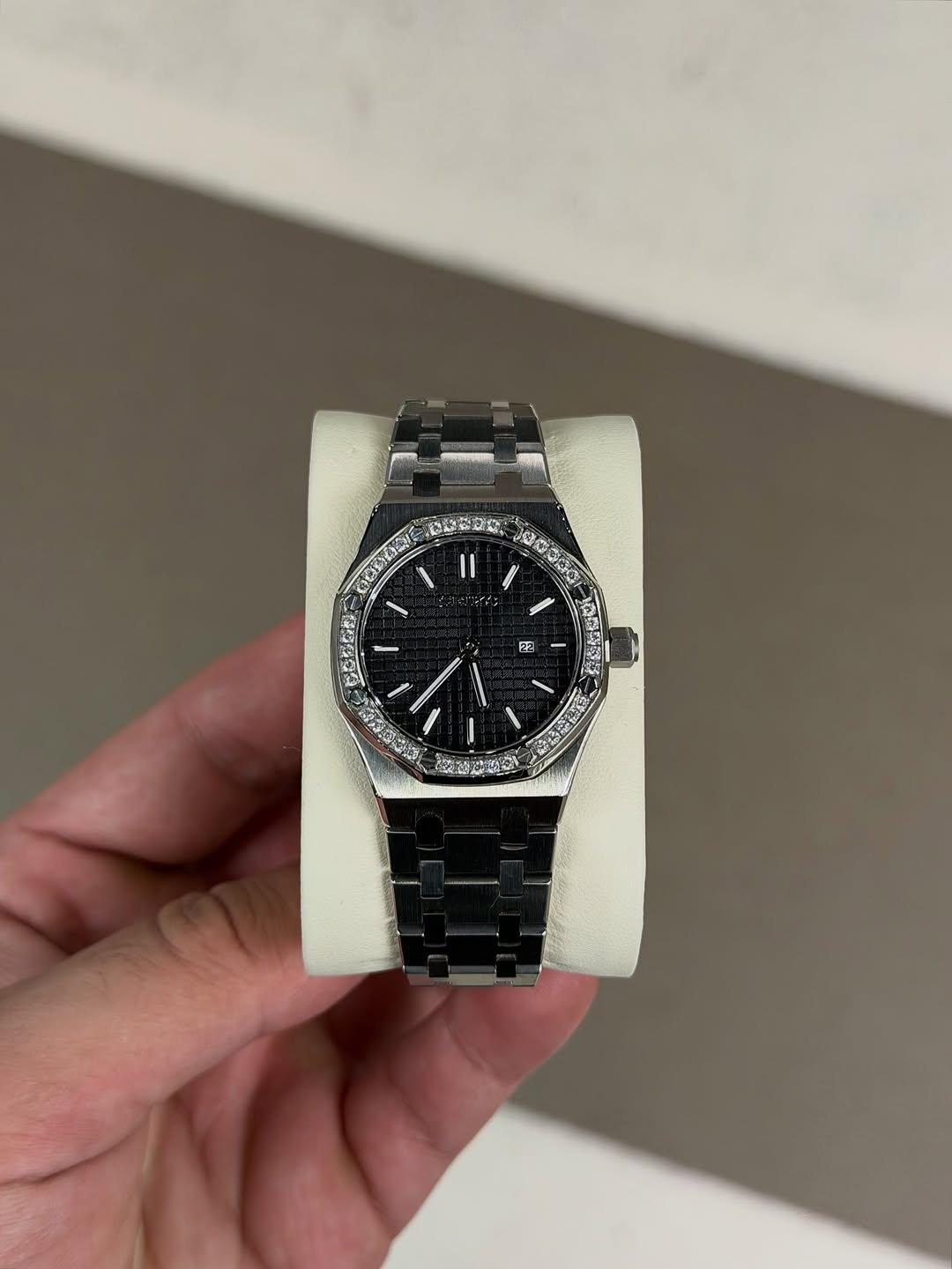 Octagonal Signature Diamond Dial Seiko mod watch front view with detailed dial