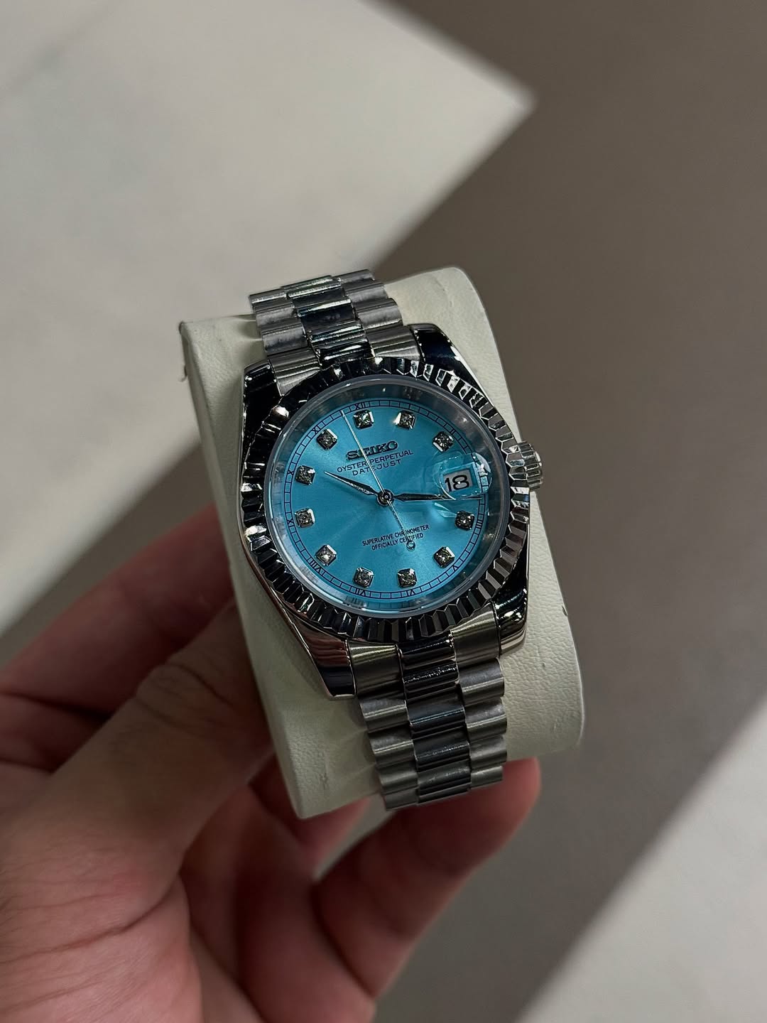 Tiffany Diamond Dial Seiko mod watch close-up with case and dial details