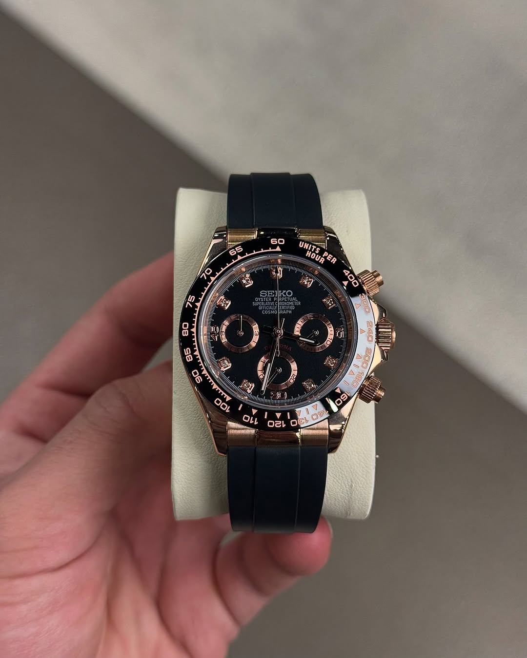 Caramel Diamond Flex Chronograph Seiko mod watch front view with detailed dial