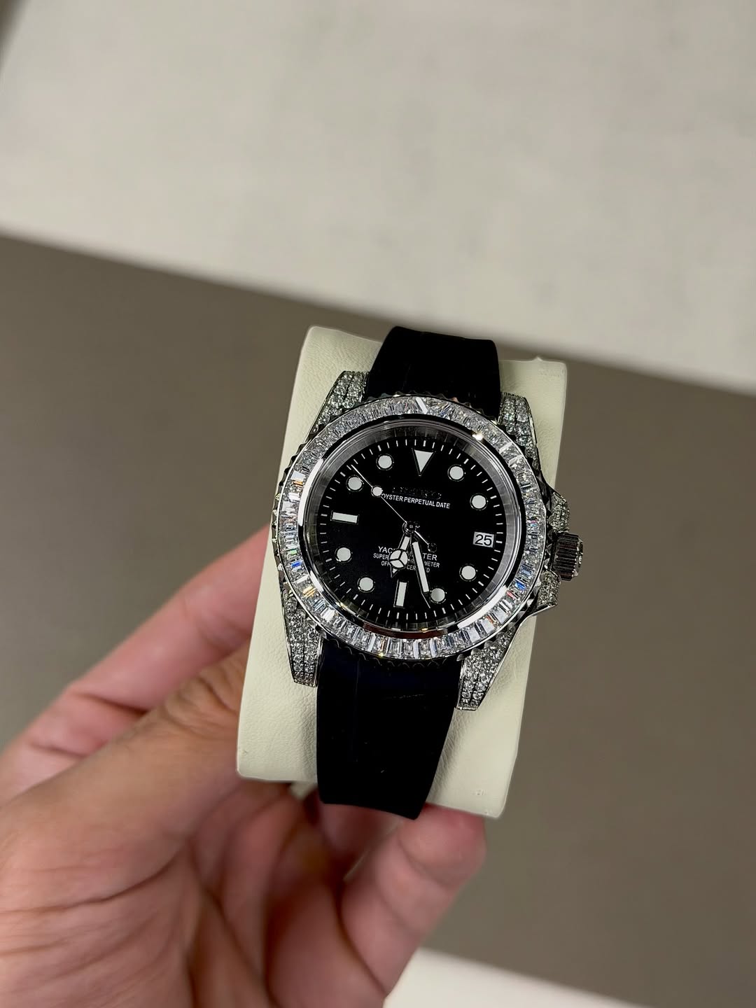 Midnight Storm Gmt Seiko mod watch on wrist with luxury design