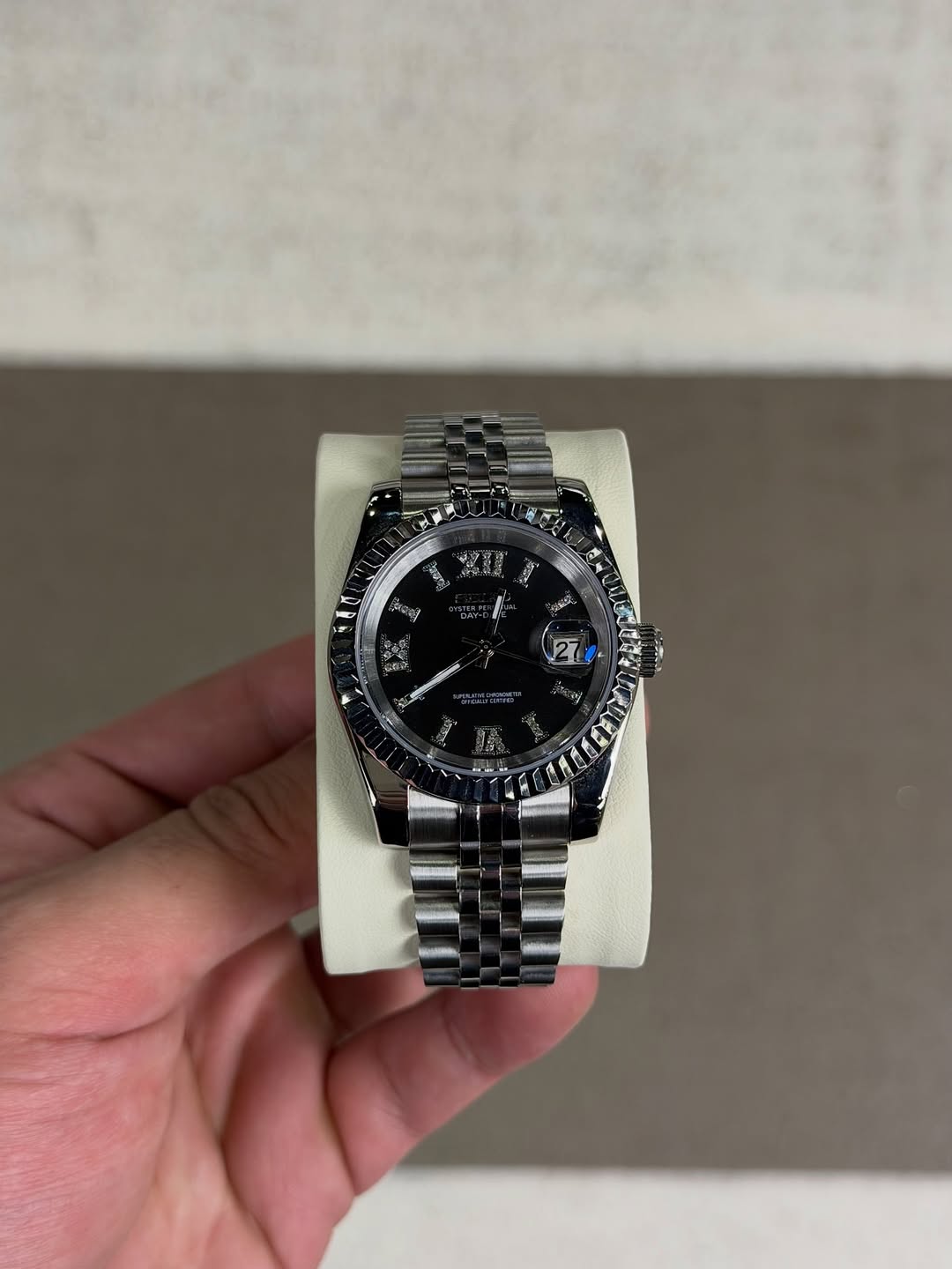 Black Roman Dial Seiko mod watch front view with detailed dial