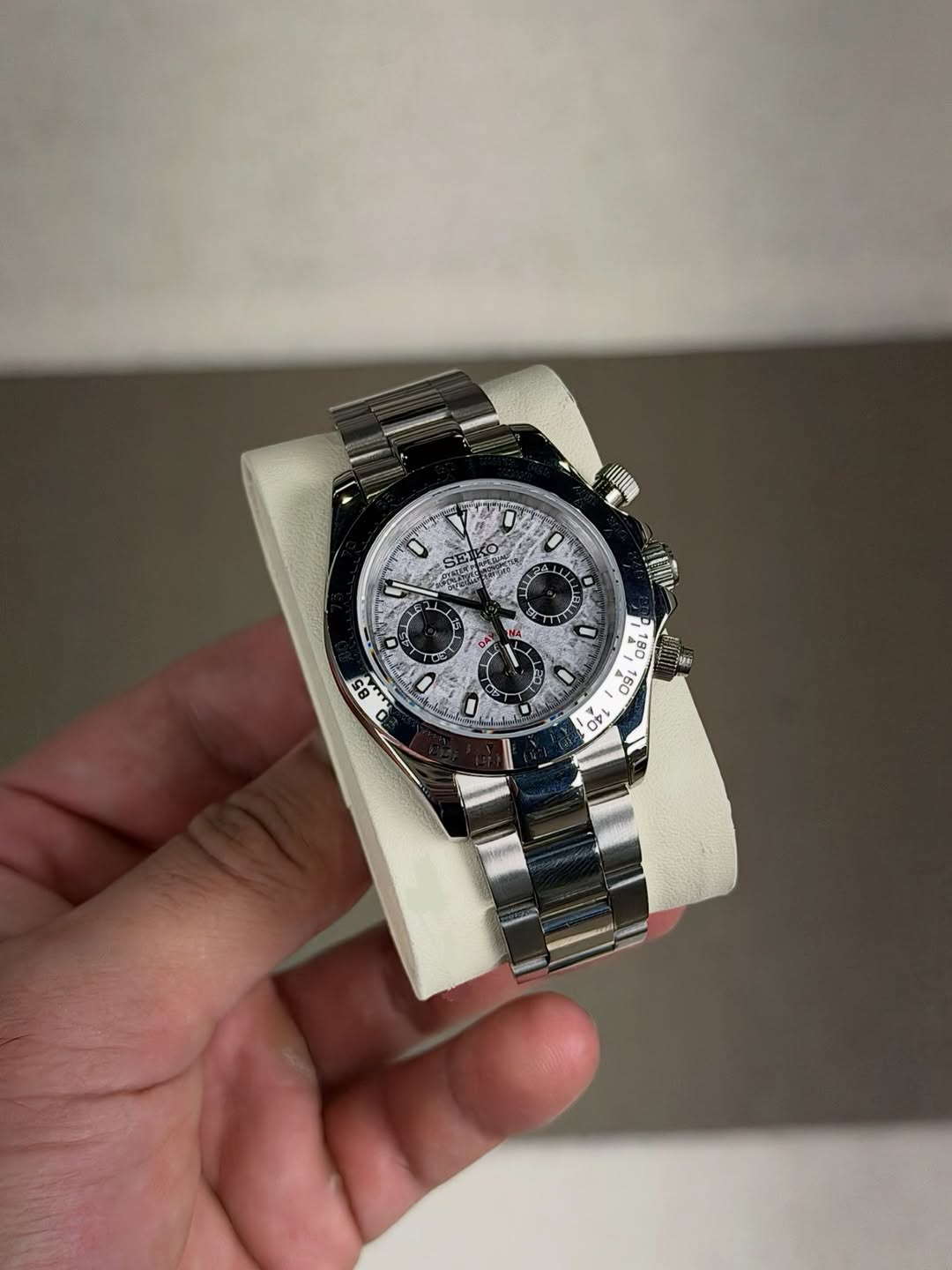 Platinum Meteorite Chronograph Seiko mod watch close-up with case and dial details