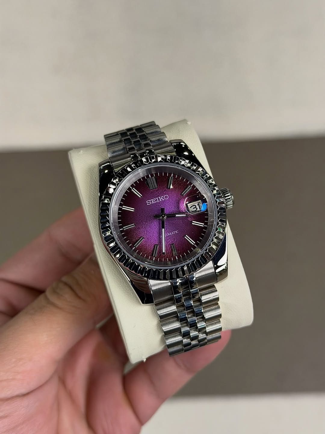 Purple Majesty Dial Seiko mod watch close-up with case and dial details