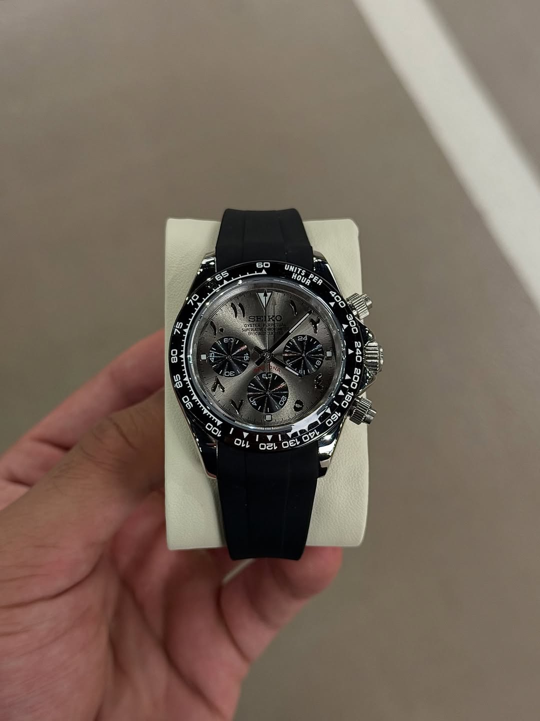 Metallic Grey Chronograph Seiko mod watch front view with detailed dial
