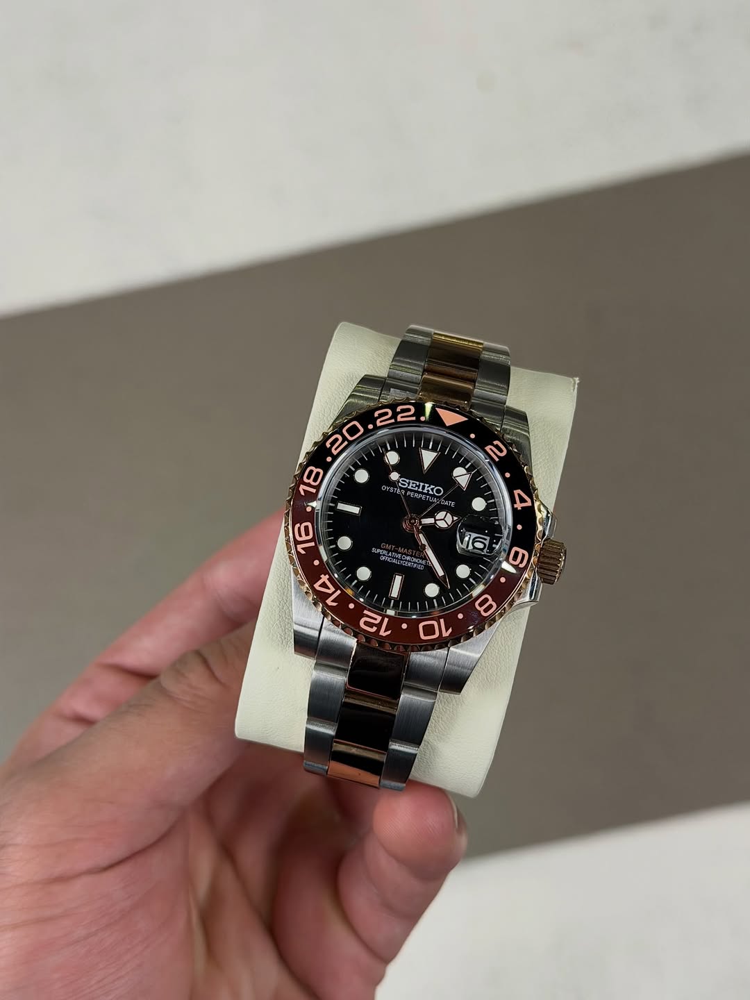 Rose Timelord Gmt Seiko mod watch close-up with case and dial details