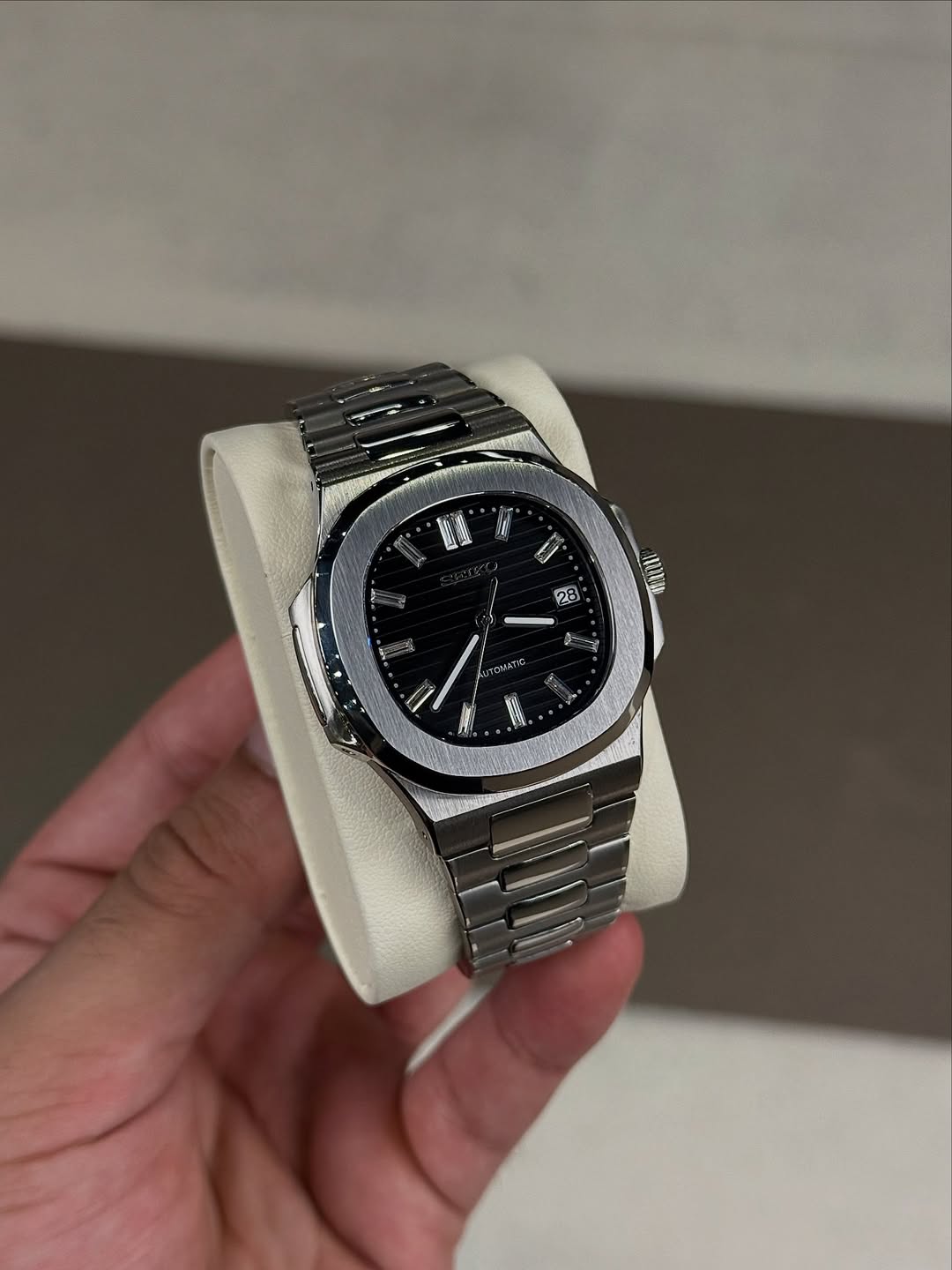 Black Night Seiko mod watch close-up with case and dial details