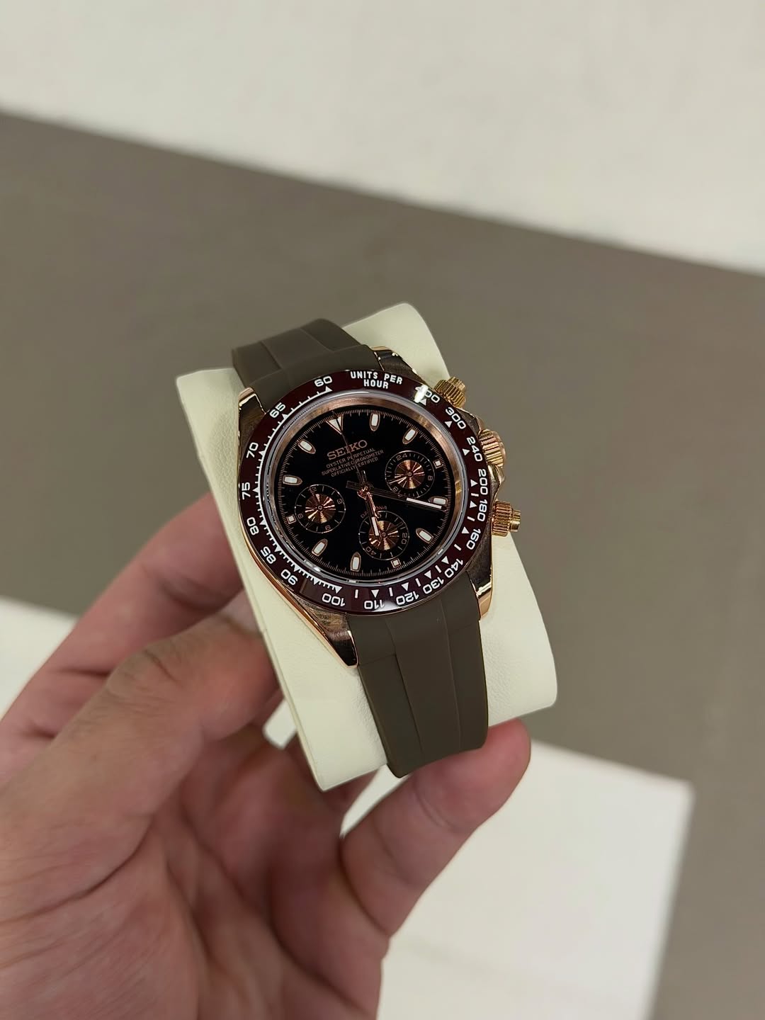 Caramel Brown Chronograph Seiko mod watch close-up with case and dial details