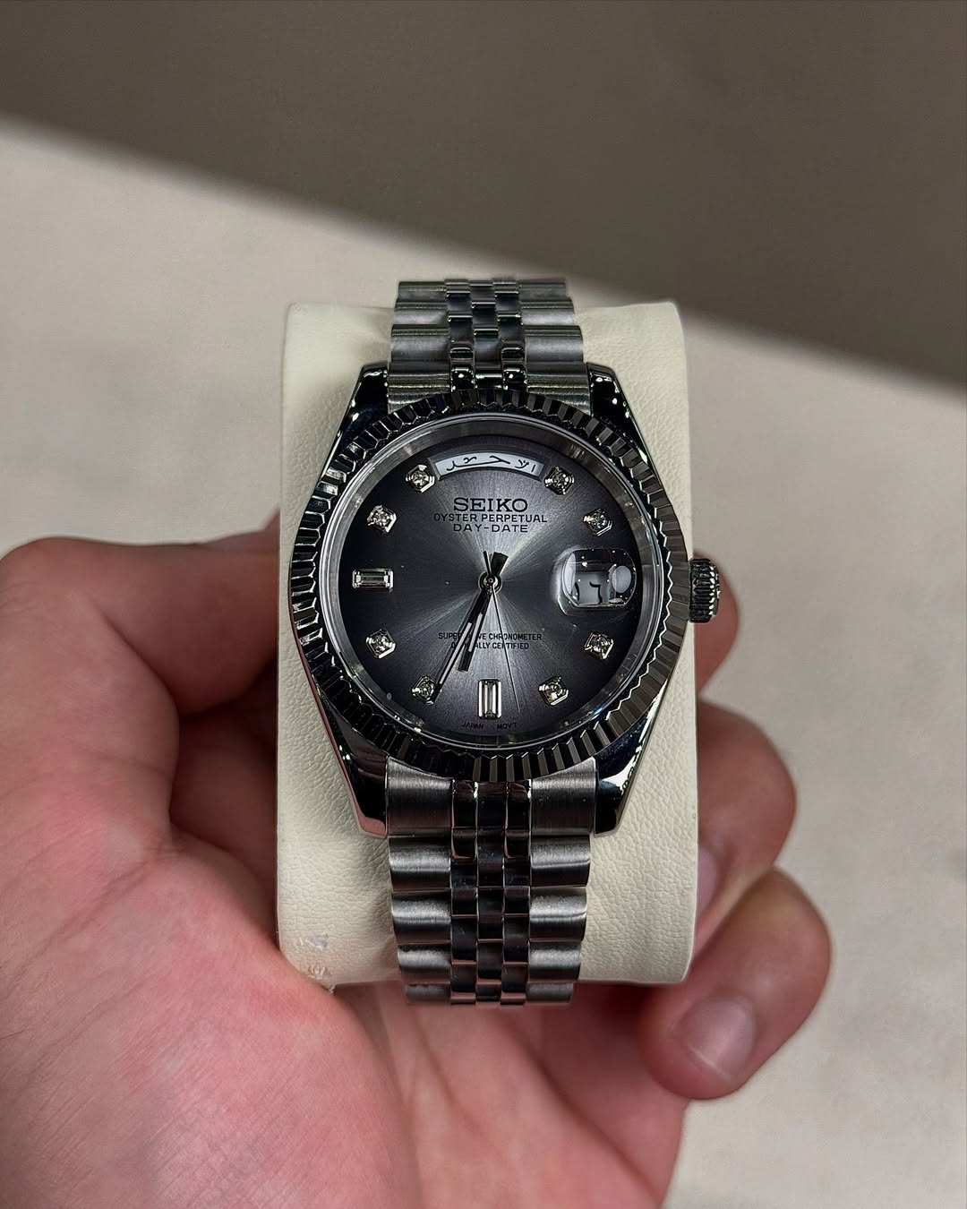 Arctic Glaze Seiko mod watch front view with detailed dial