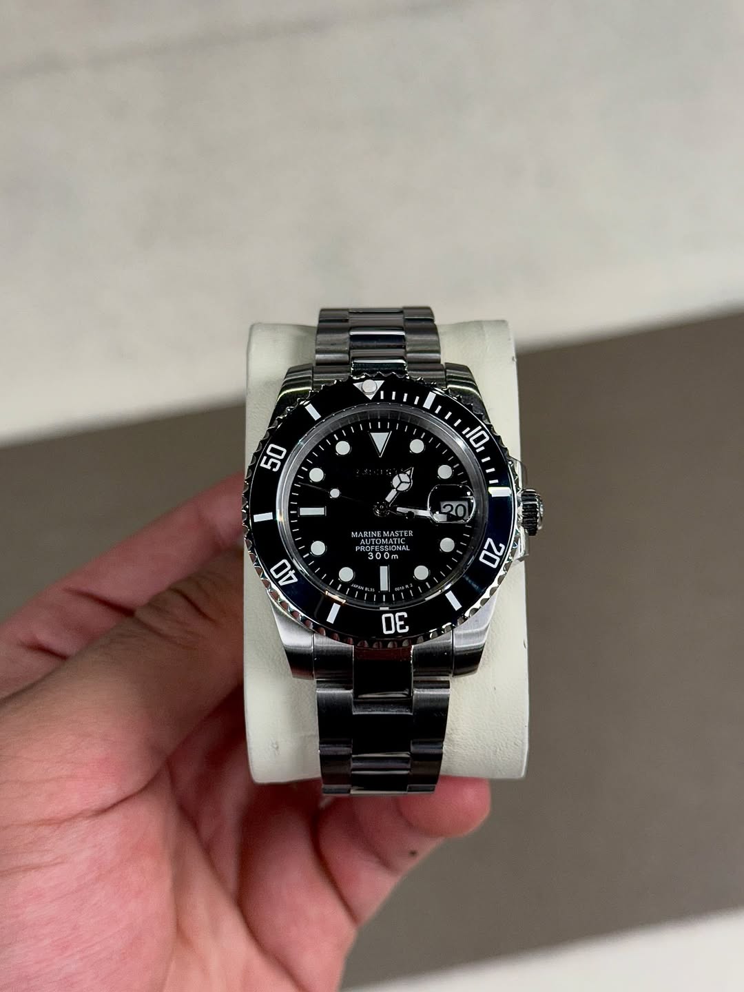 Dark Marine Gmt Seiko mod watch front view with detailed dial