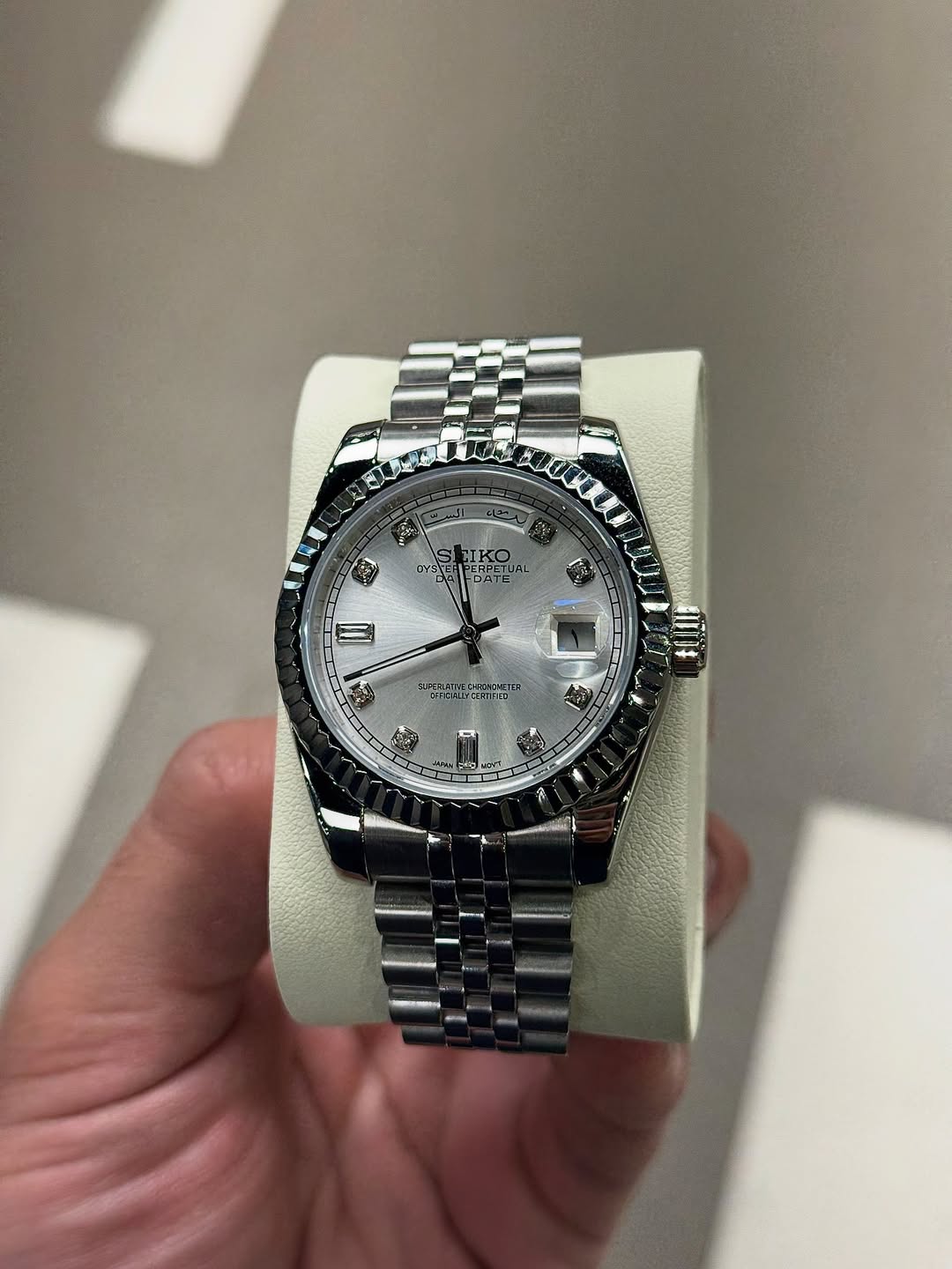 Pearl White Diamond Seiko mod watch close-up with case and dial details