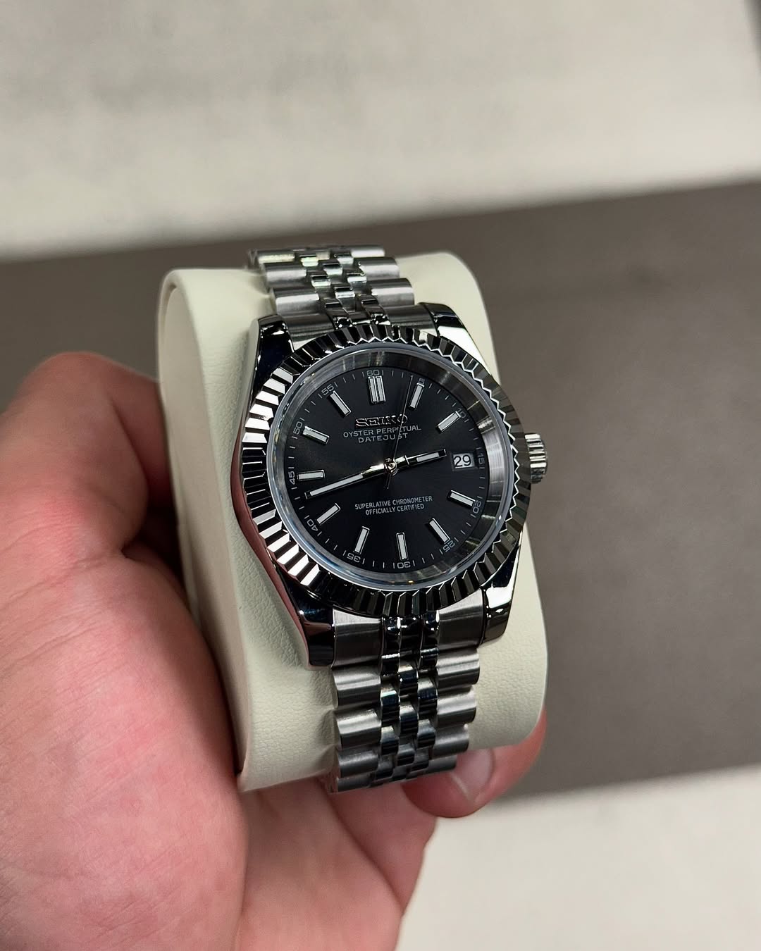 Dark Knight Dial Seiko mod watch close-up with case and dial details