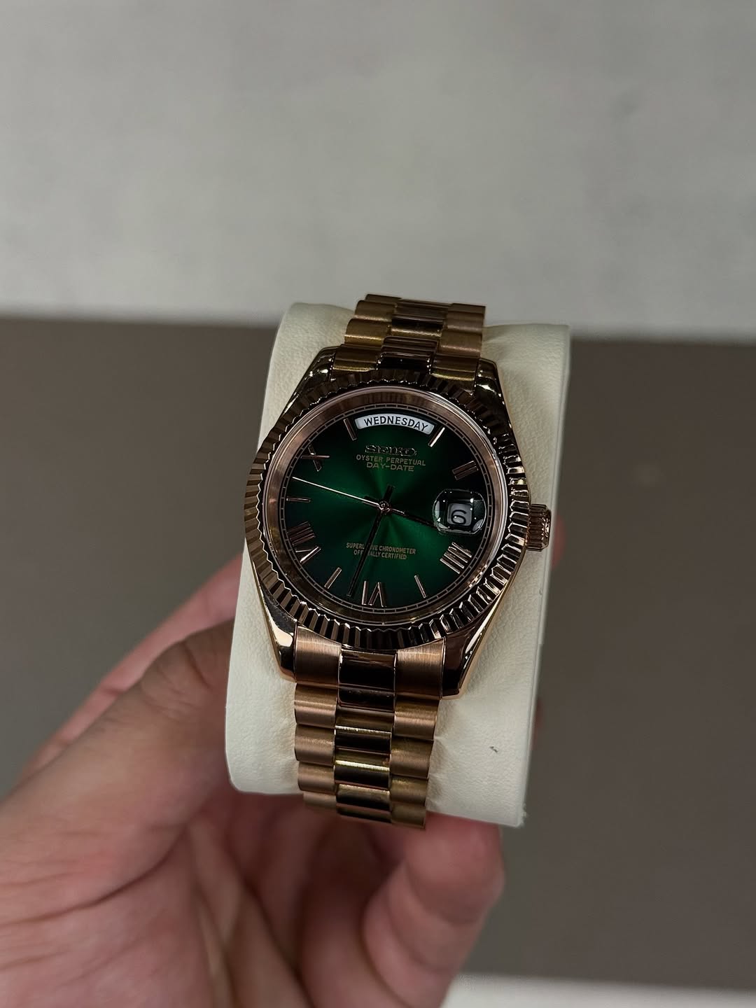 Royal Green Seiko mod watch on wrist with luxury design