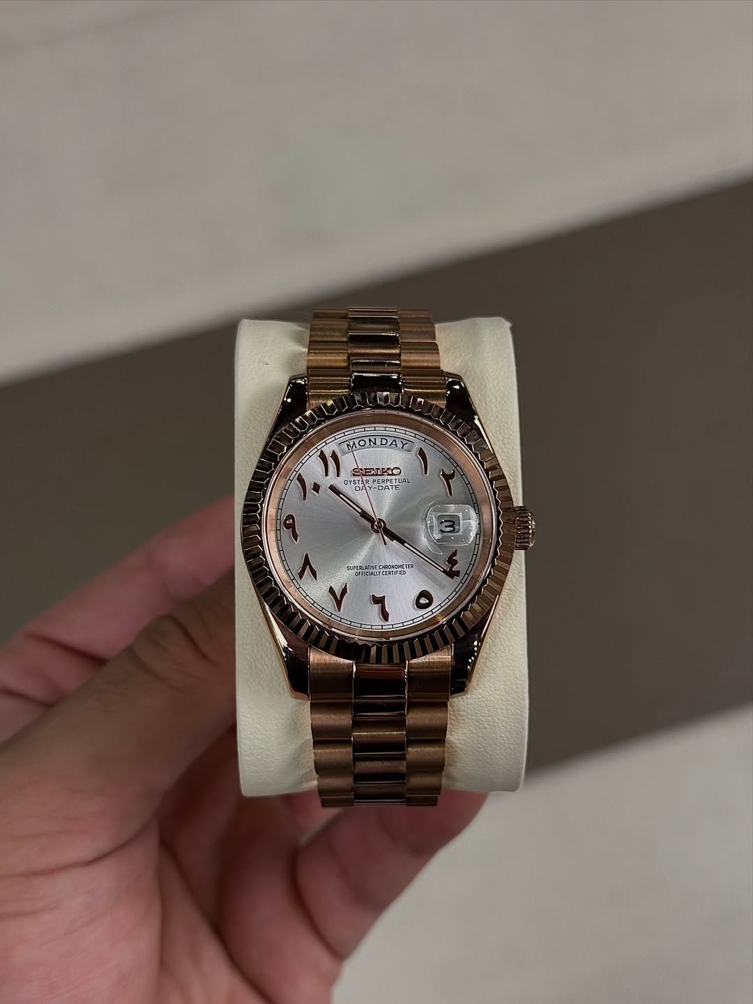 Rose Aura Seiko mod watch front view with detailed dial