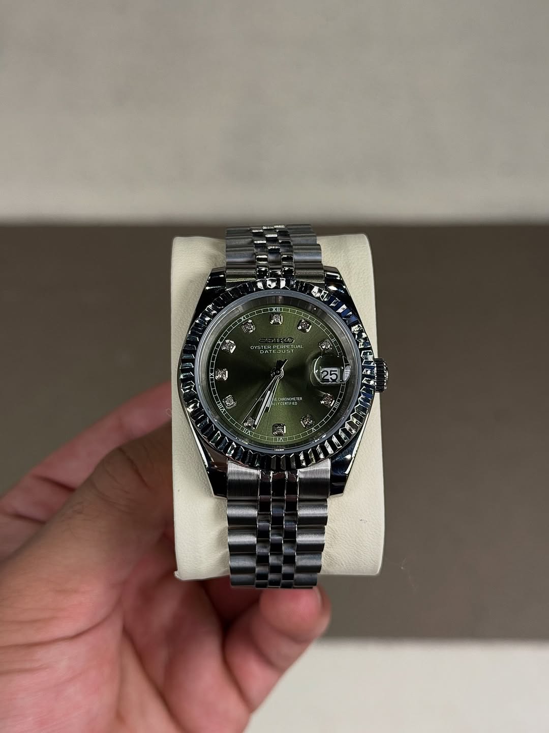 Olive Diamond Dial Seiko mod watch front view with detailed dial