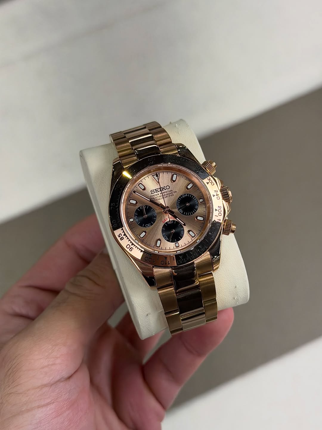 Rose Gold Roman Chronograph Seiko mod watch close-up with case and dial details