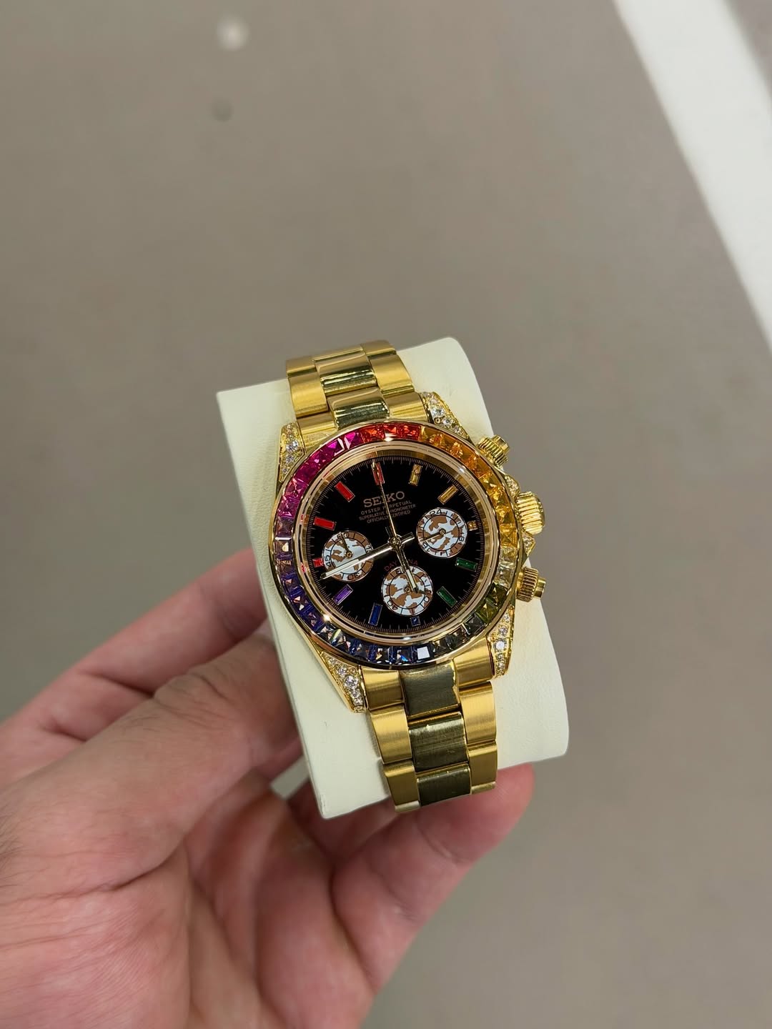 Gold Rainbow Diamond Chronograph Seiko mod watch on wrist with luxury design