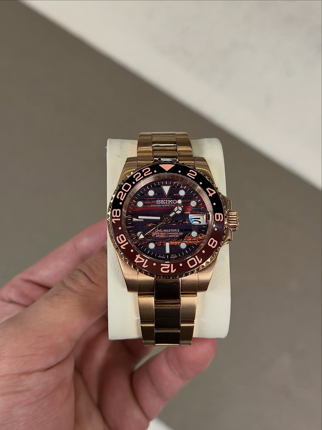 Rose Tiger Gmt Seiko mod watch front view with detailed dial