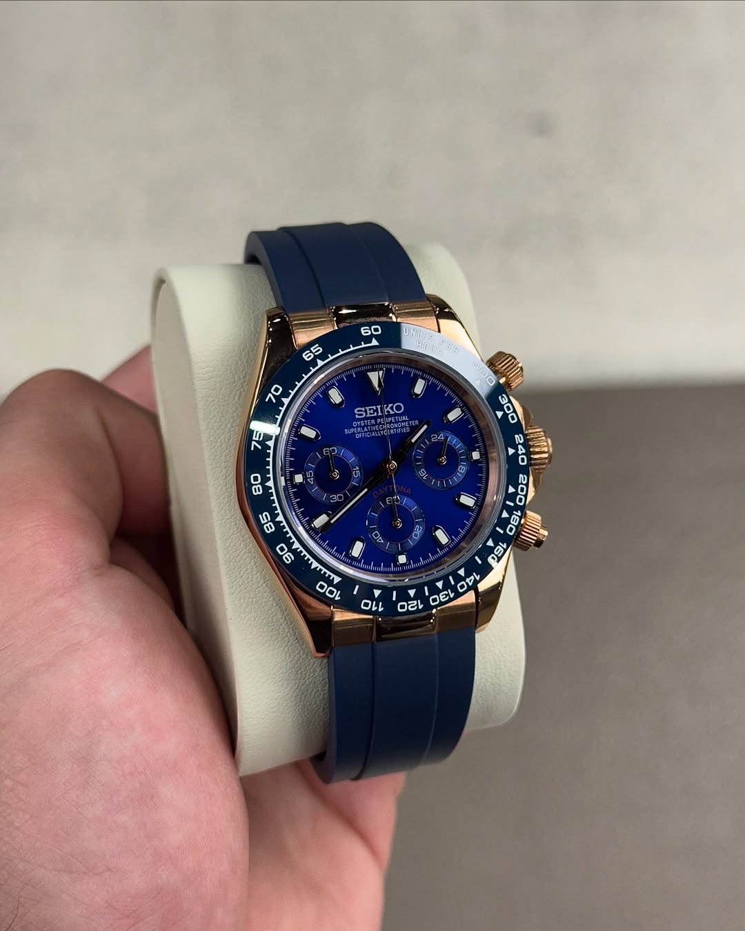 Deep Sea Rose Chronograph Seiko mod watch on wrist with luxury design