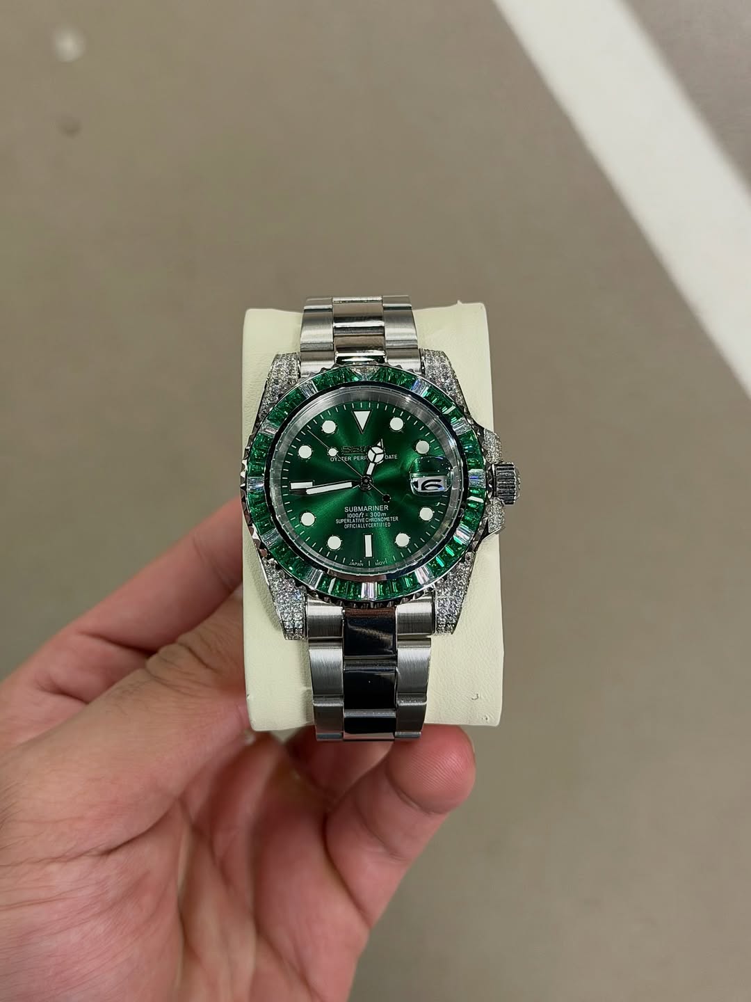 Raven Green Gmt Seiko mod watch front view with detailed dial