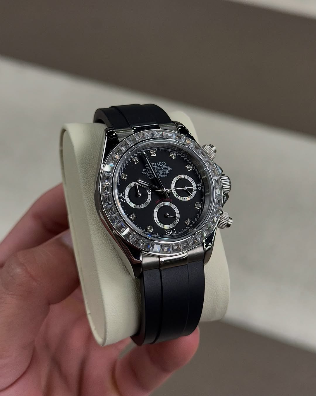 Diamond Flex Chronograph Seiko mod watch on wrist with luxury design