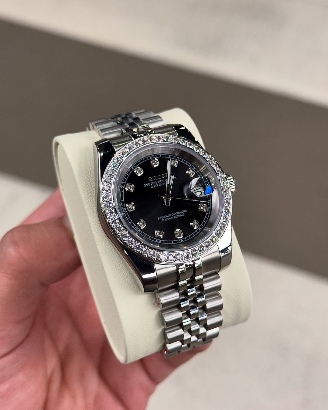 Black Diamond Dial Seiko mod watch close-up with case and dial details