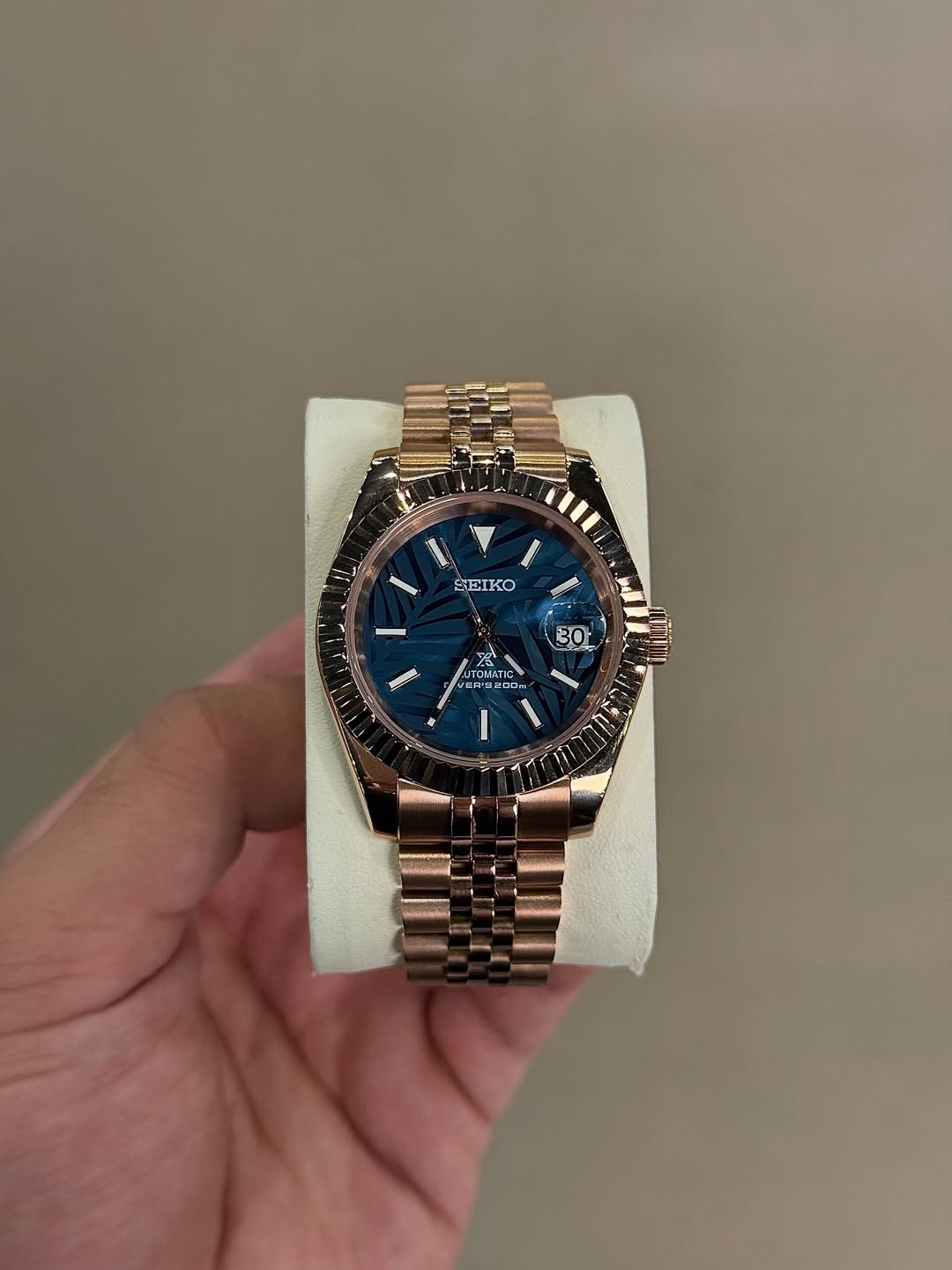 Rose Gold Dial Seiko mod watch front view with detailed dial