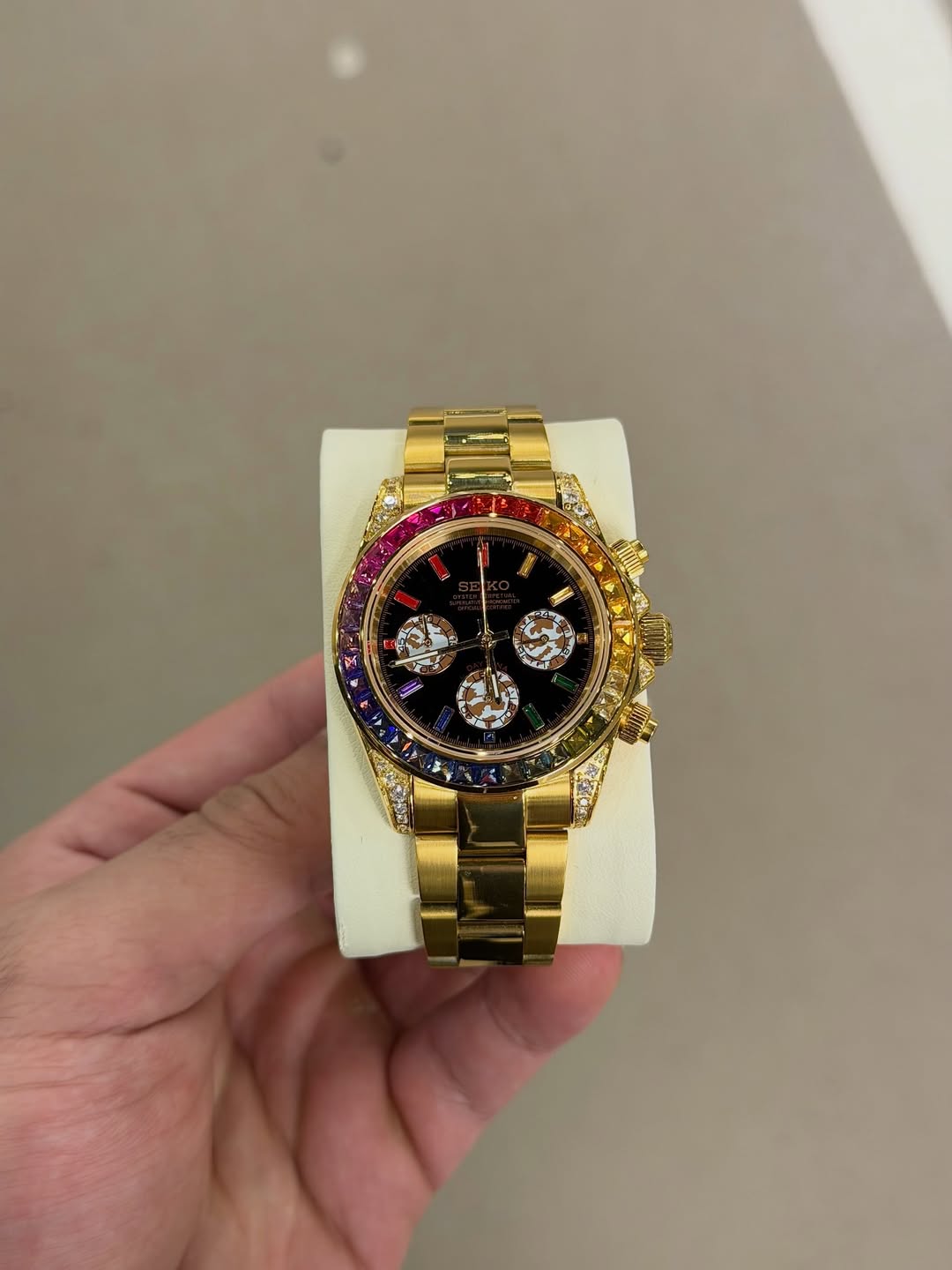 Gold Rainbow Diamond Chronograph Seiko mod watch front view with detailed dial
