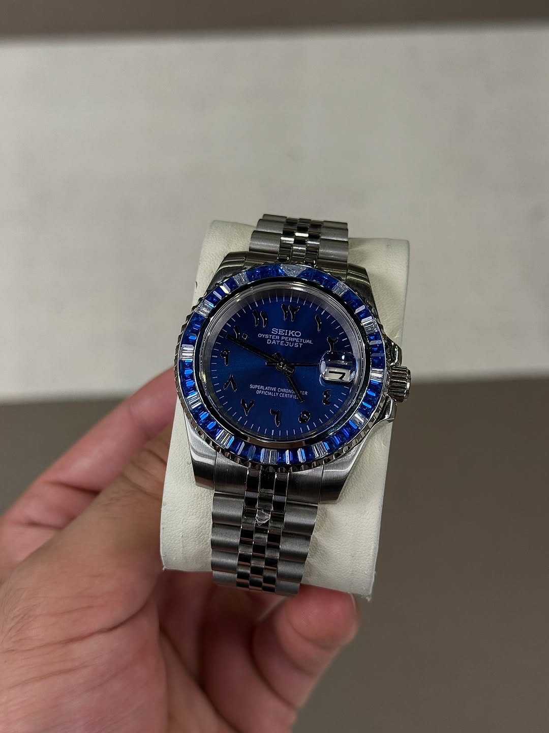 Sapphire Royal Blue Dial Seiko mod watch on wrist with luxury design