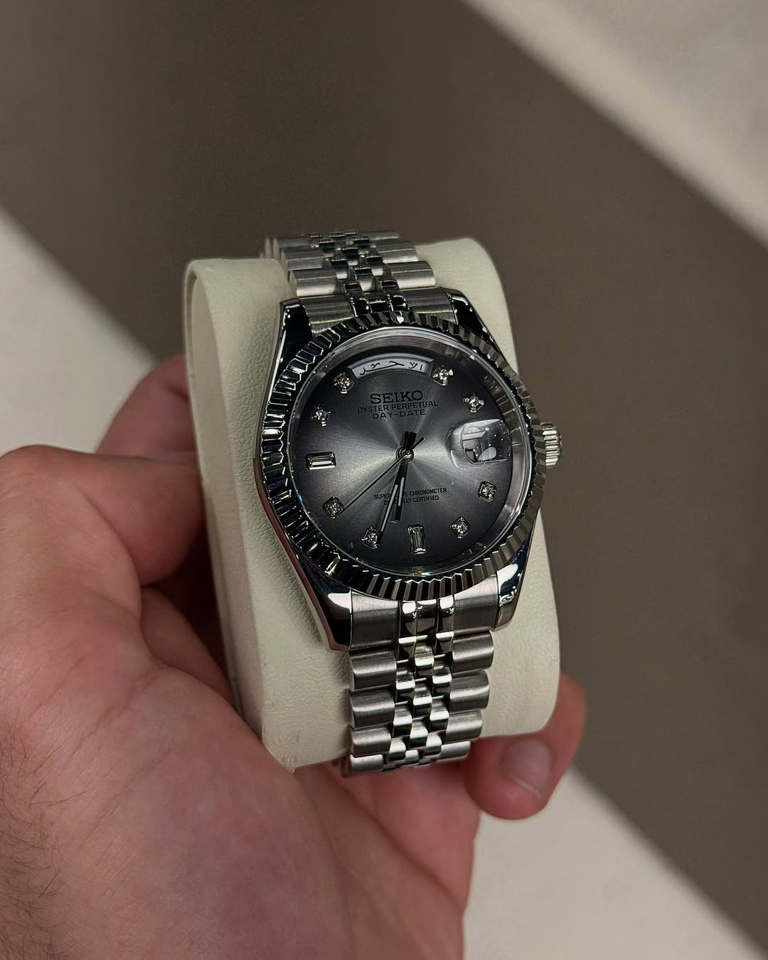 Arctic Glaze Seiko mod watch on wrist with luxury design