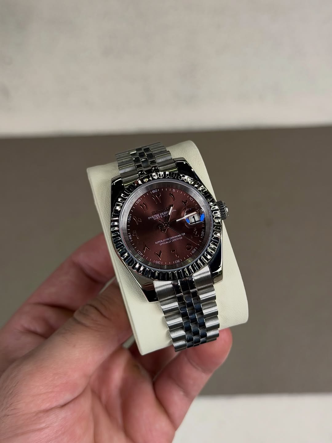 Mocha Brown Arabic Dial Seiko mod watch close-up with case and dial details