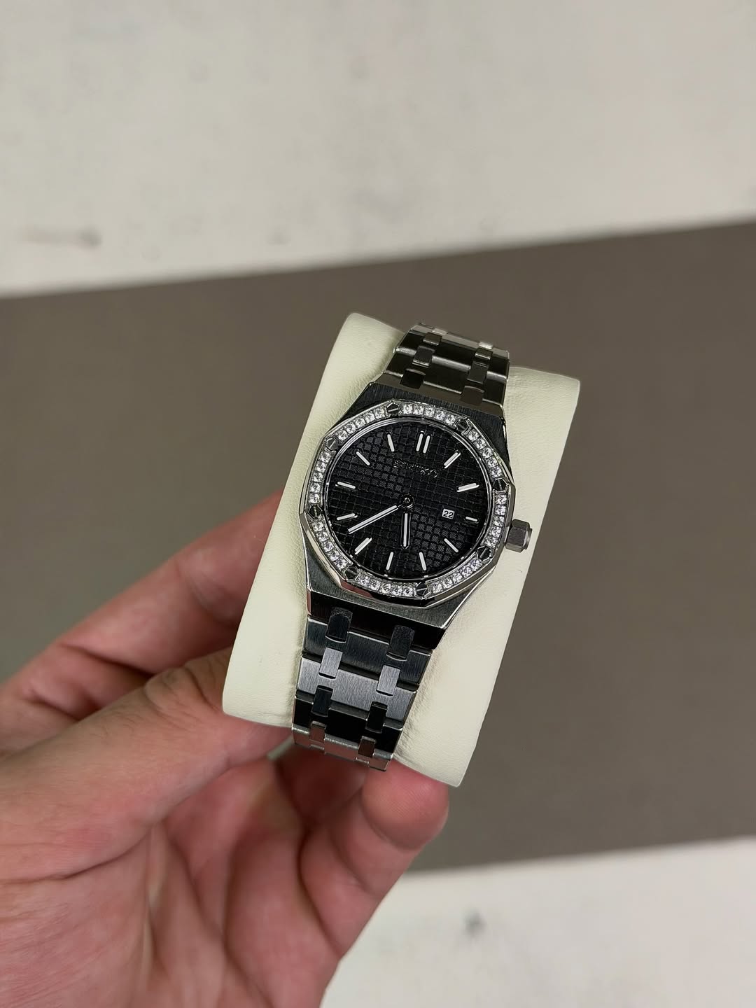 Octagonal Signature Diamond Dial Seiko mod watch on wrist with luxury design