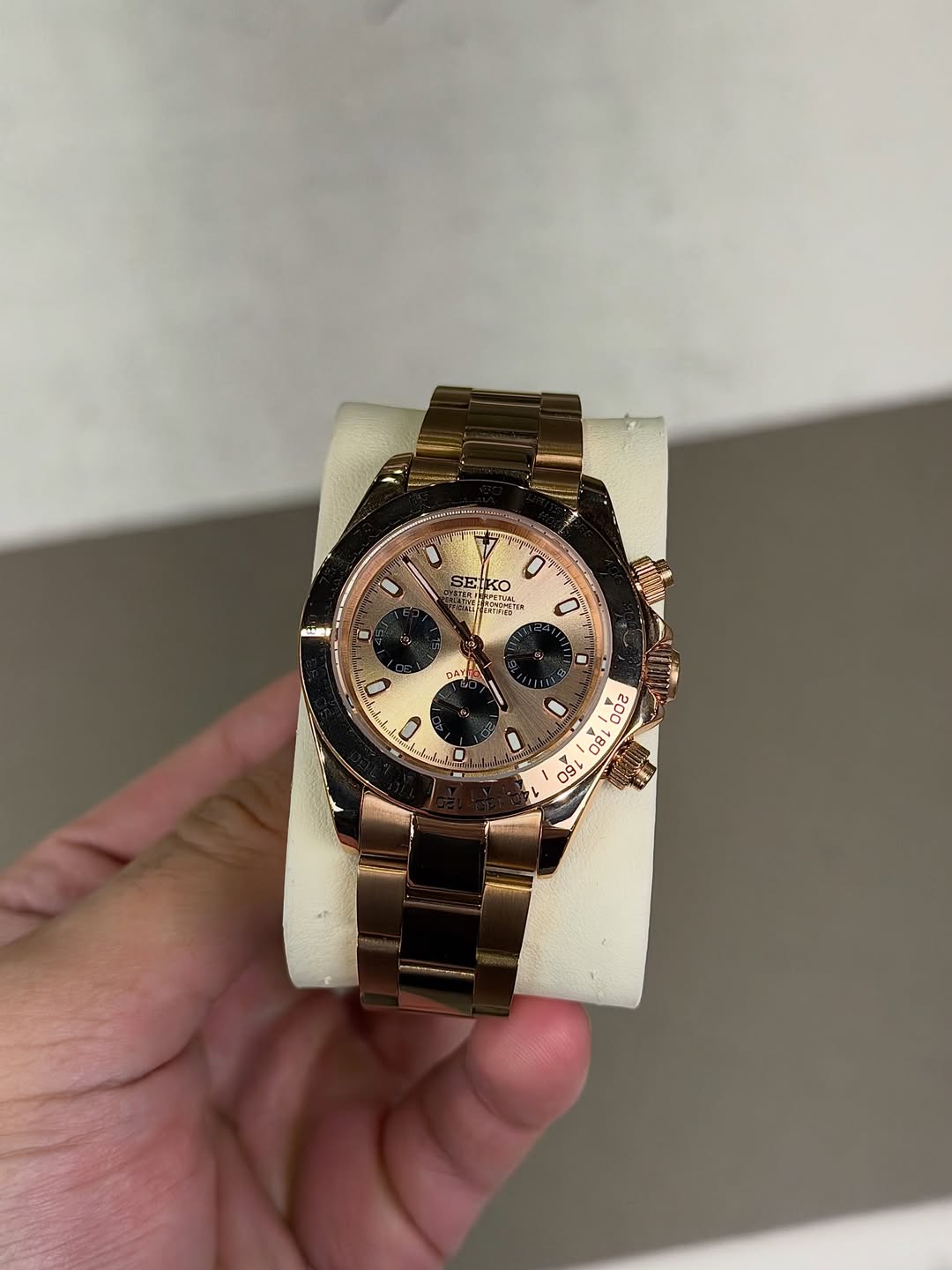 Rose Gold Roman Chronograph Seiko mod watch on wrist with luxury design