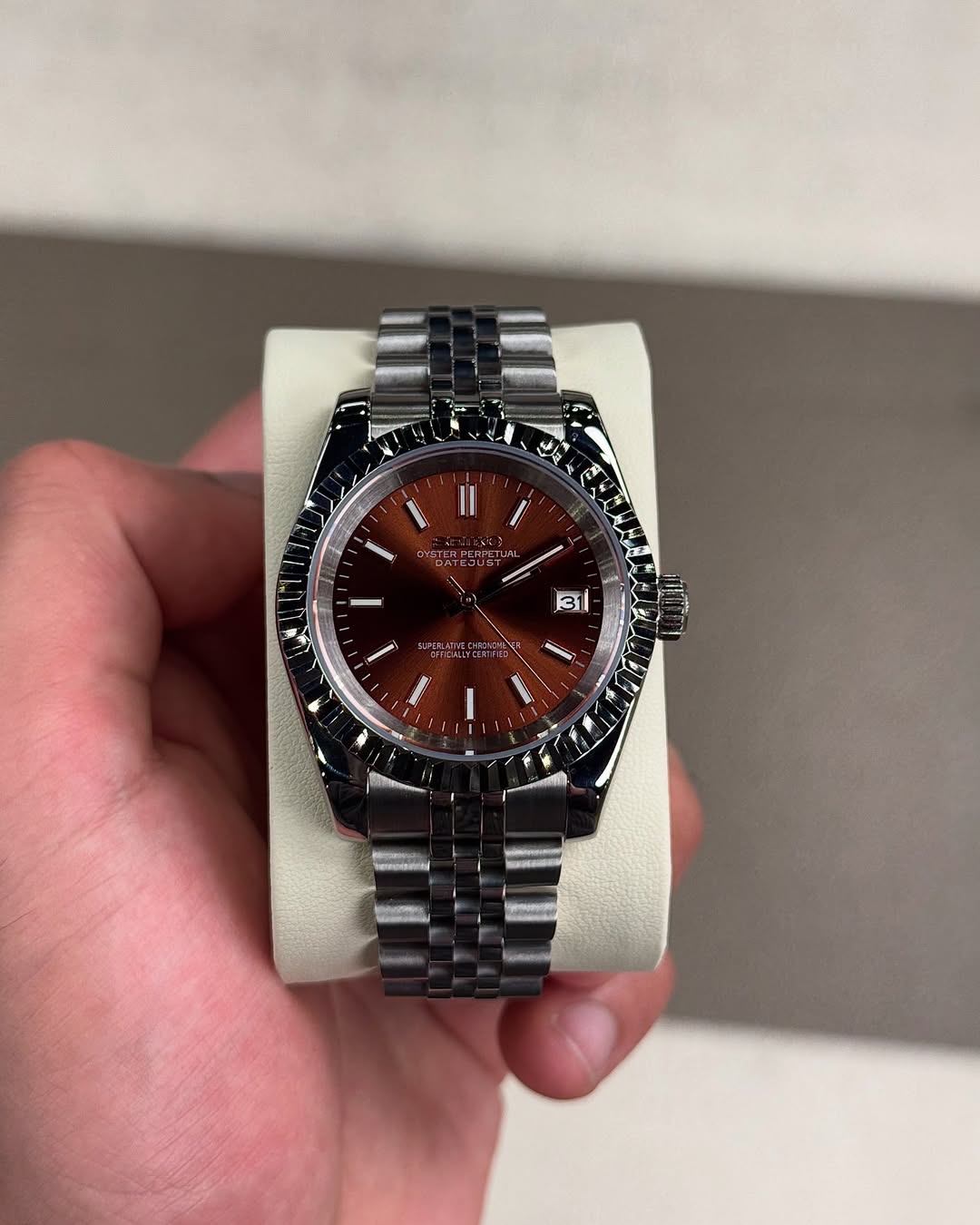 Chocolate Roman Brown Seiko mod watch front view with detailed dial