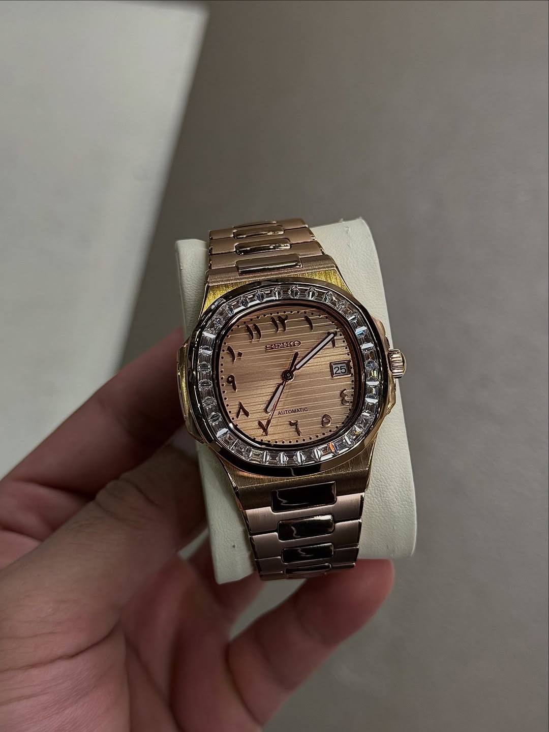 Diamond Rose Arabic Seiko mod watch on wrist with luxury design