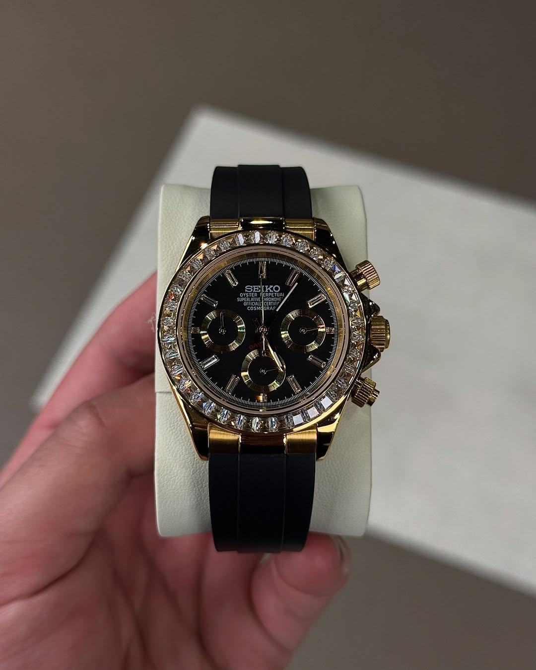 Gold Diamond Flex Chronograph Seiko mod watch front view with detailed dial