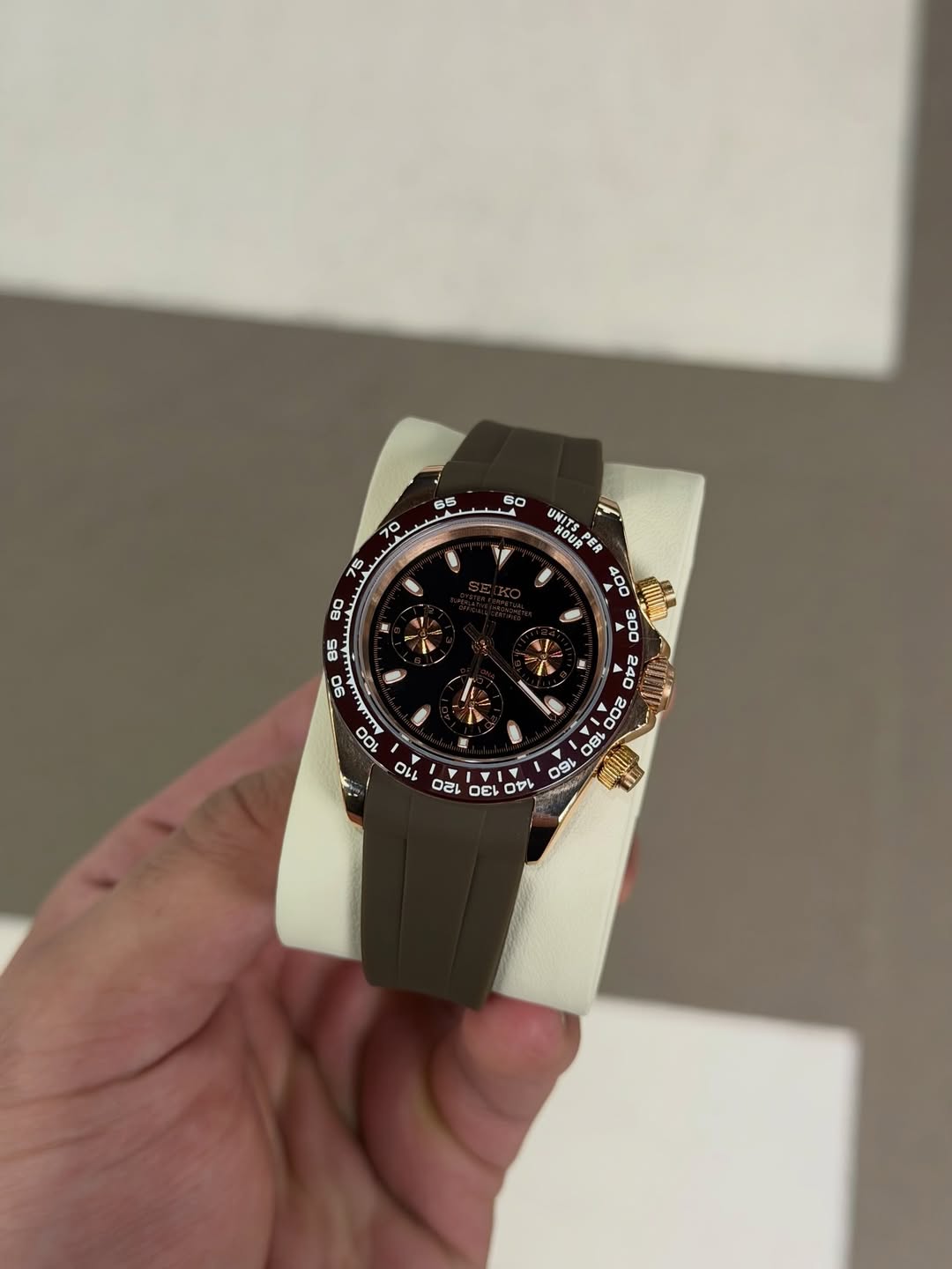 Caramel Brown Chronograph Seiko mod watch on wrist with luxury design
