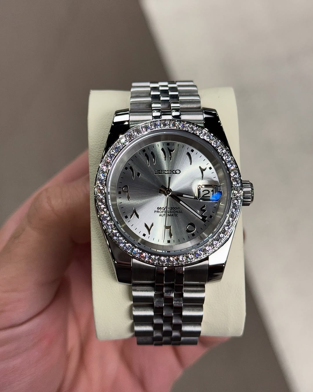 Titanium Diamond Arabic Dial Seiko mod watch front view with detailed dial