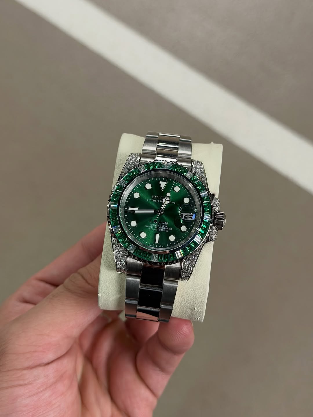 Raven Green Gmt Seiko mod watch close-up with case and dial details