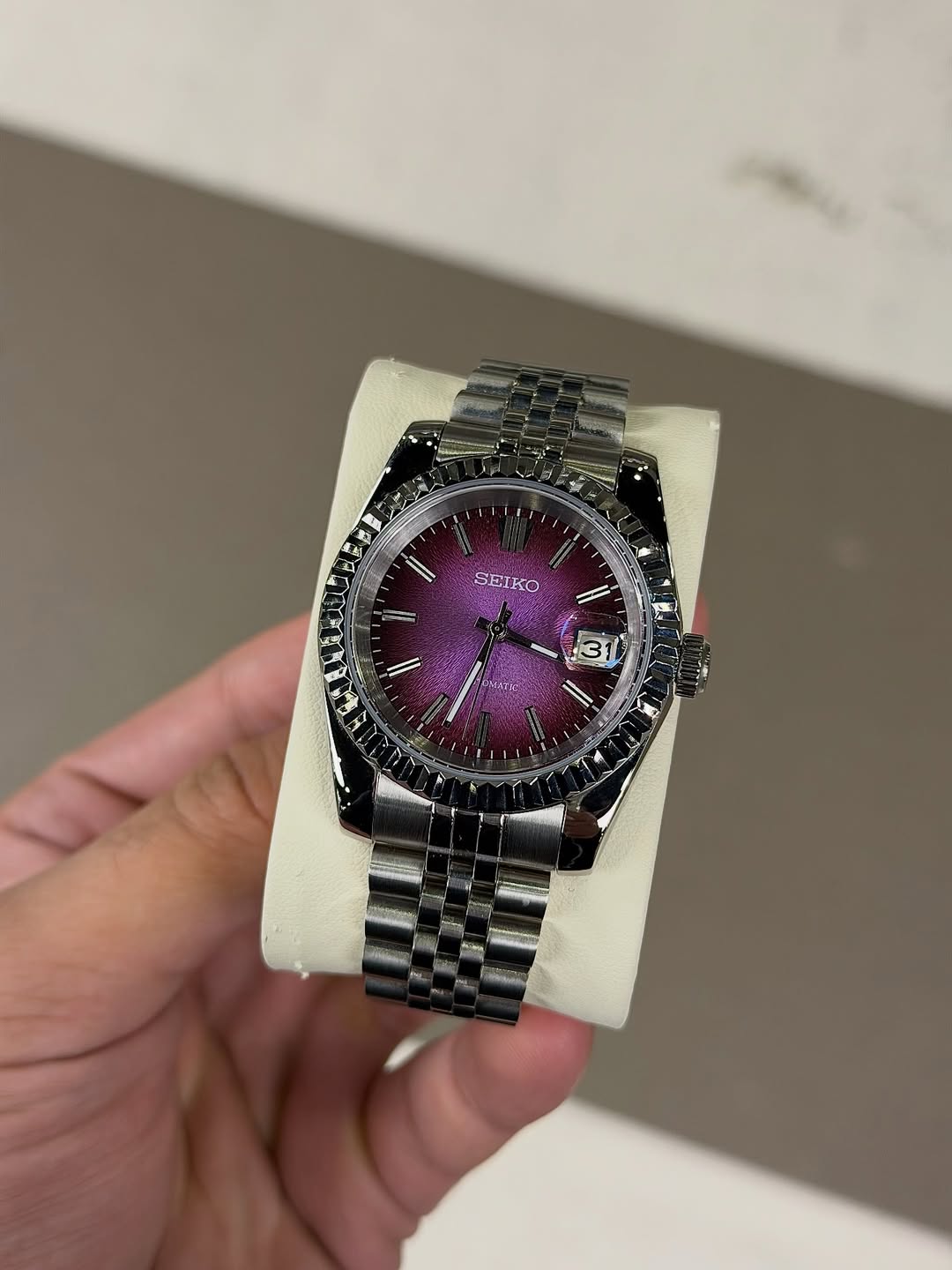 Purple Majesty Dial Seiko mod watch on wrist with luxury design