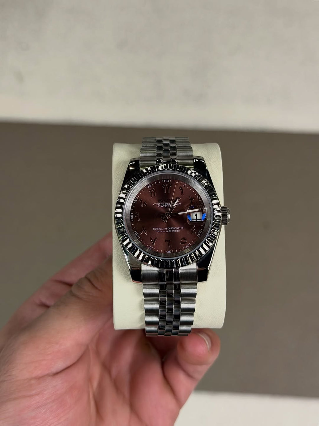 Mocha Brown Arabic Dial Seiko mod watch front view with detailed dial