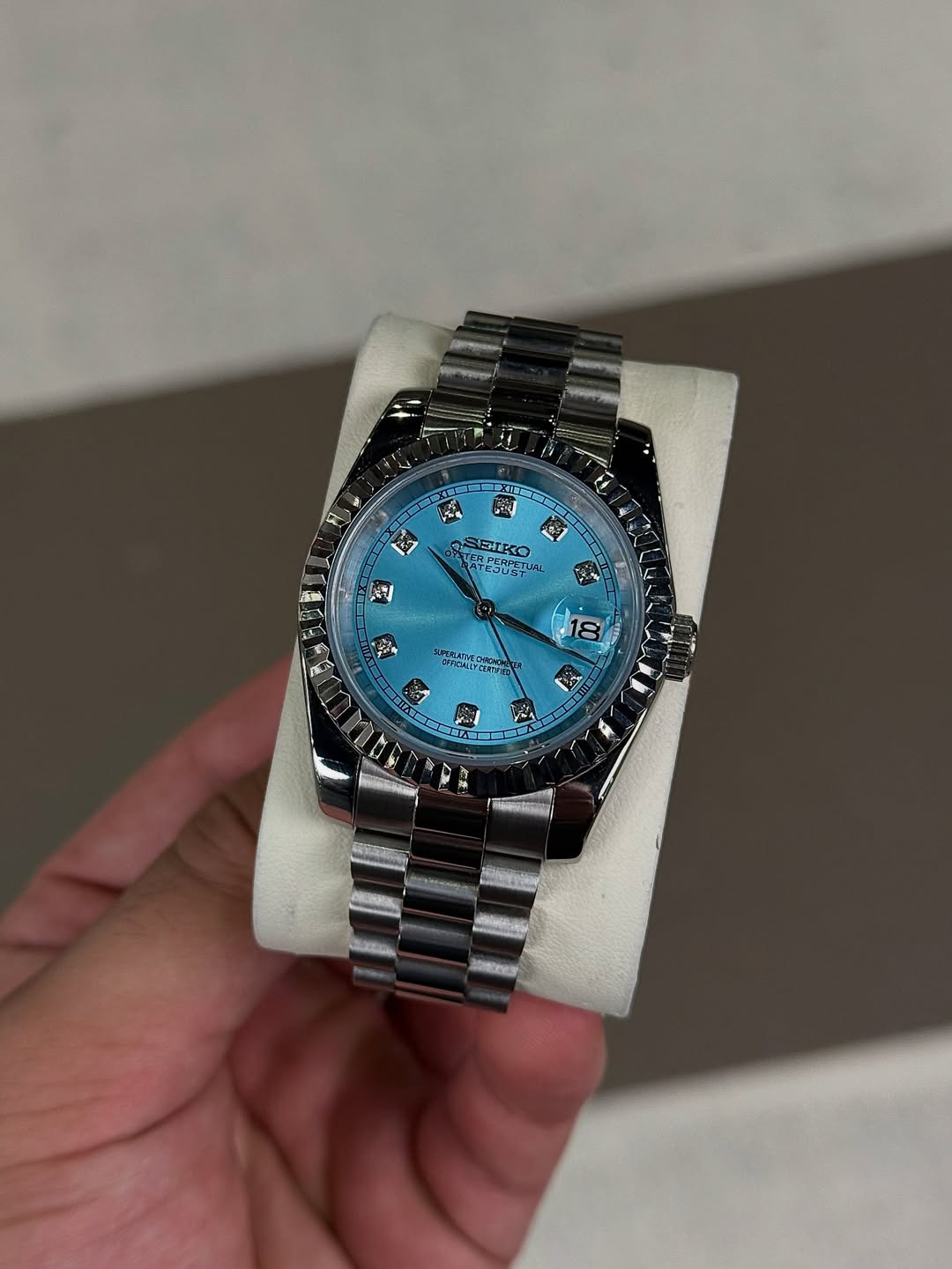 Tiffany Diamond Dial Seiko mod watch on wrist with luxury design