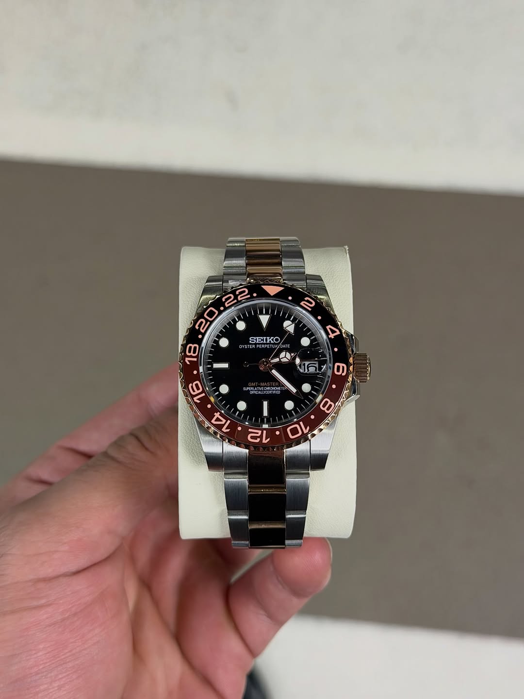 Rose Timelord Gmt Seiko mod watch front view with detailed dial