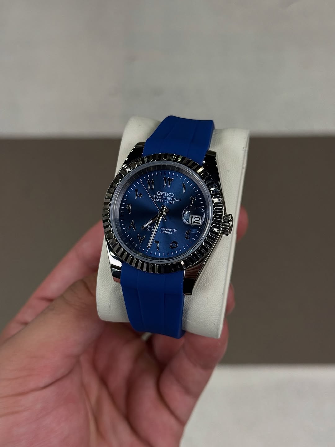Sapphire Blue Dial Flex Seiko mod watch on wrist with luxury design