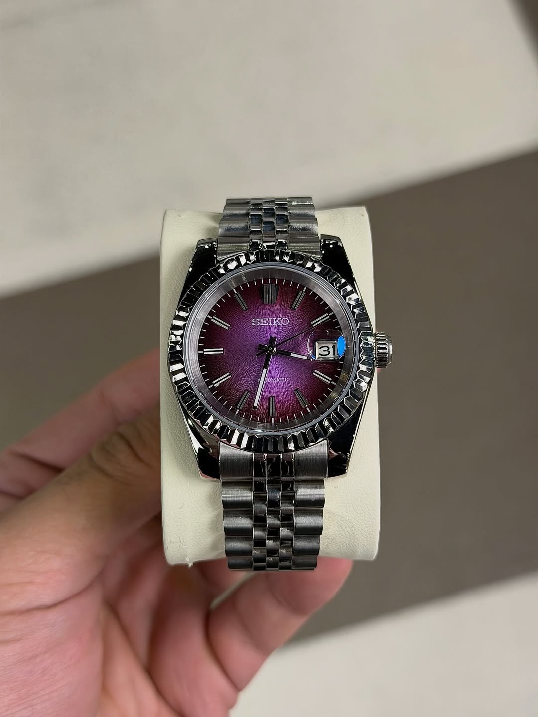 Purple Majesty Dial Seiko mod watch front view with detailed dial