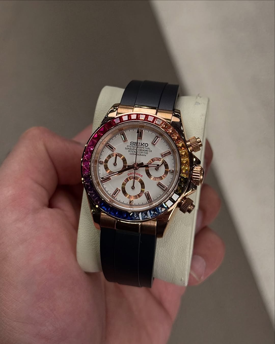 Rose Gold Rainbow Chronograph Seiko mod watch on wrist with luxury design