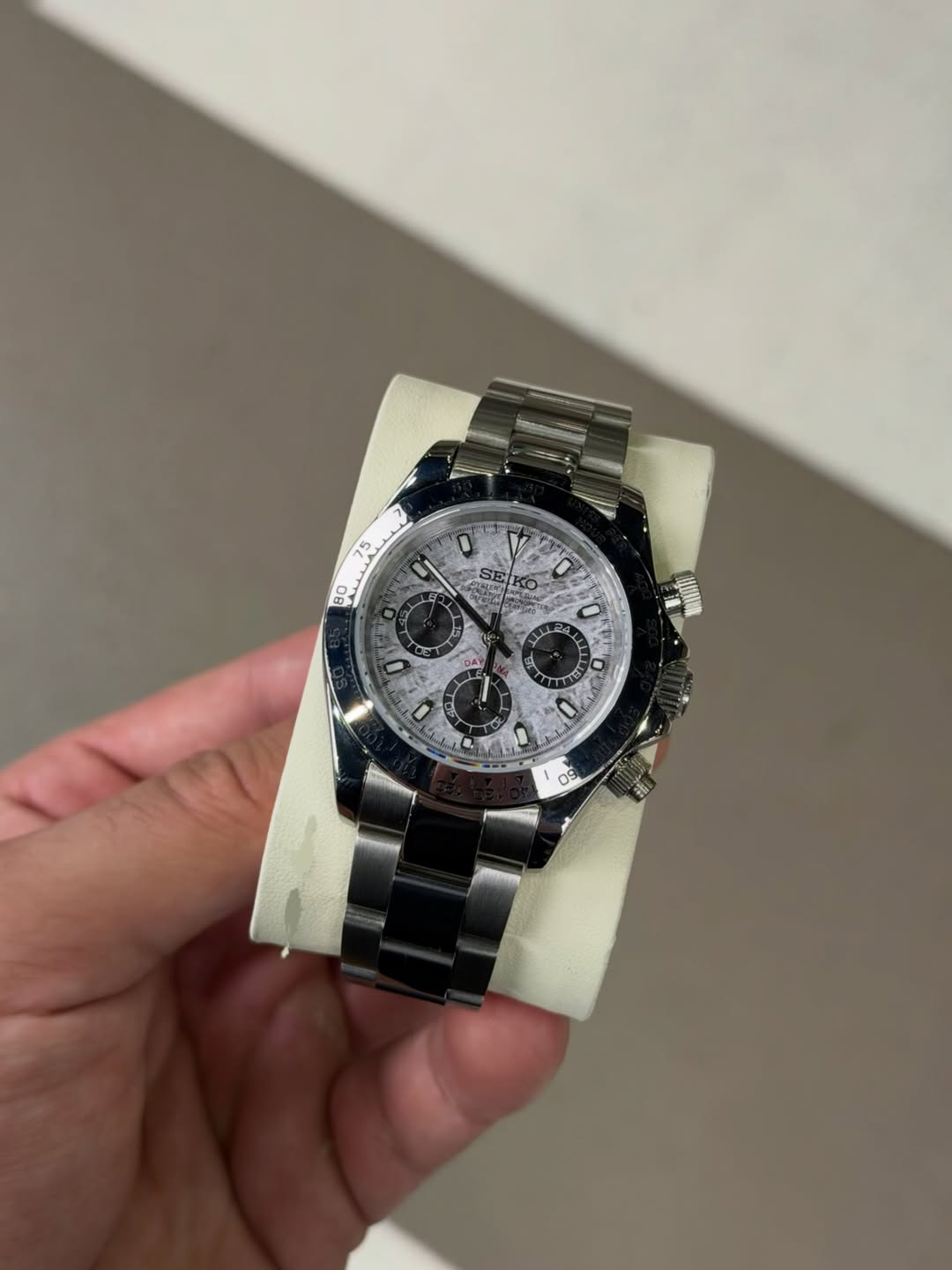 Platinum Meteorite Chronograph Seiko mod watch on wrist with luxury design