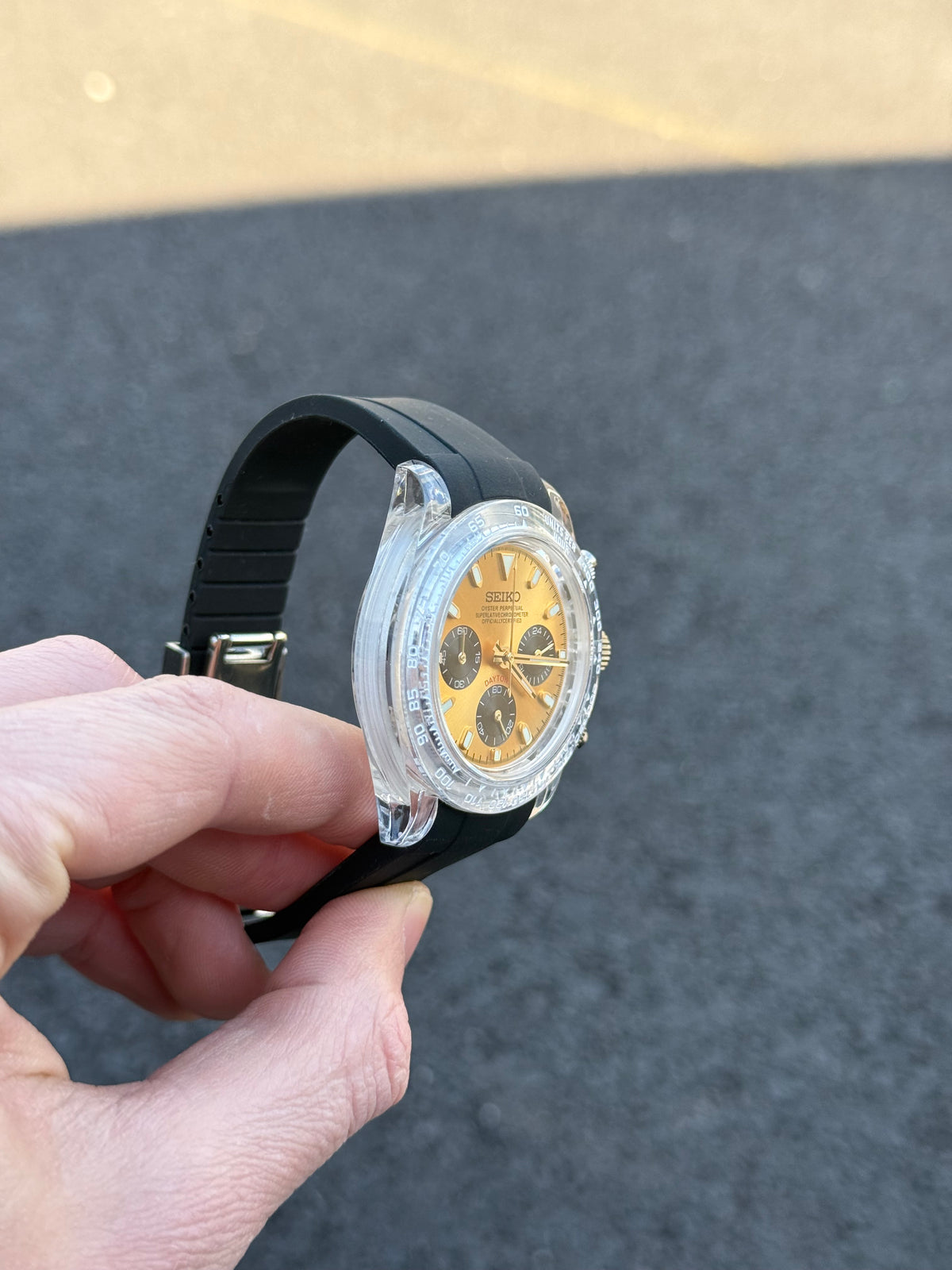 Yellow Chronograph Seiko mod watch on wrist with luxury design