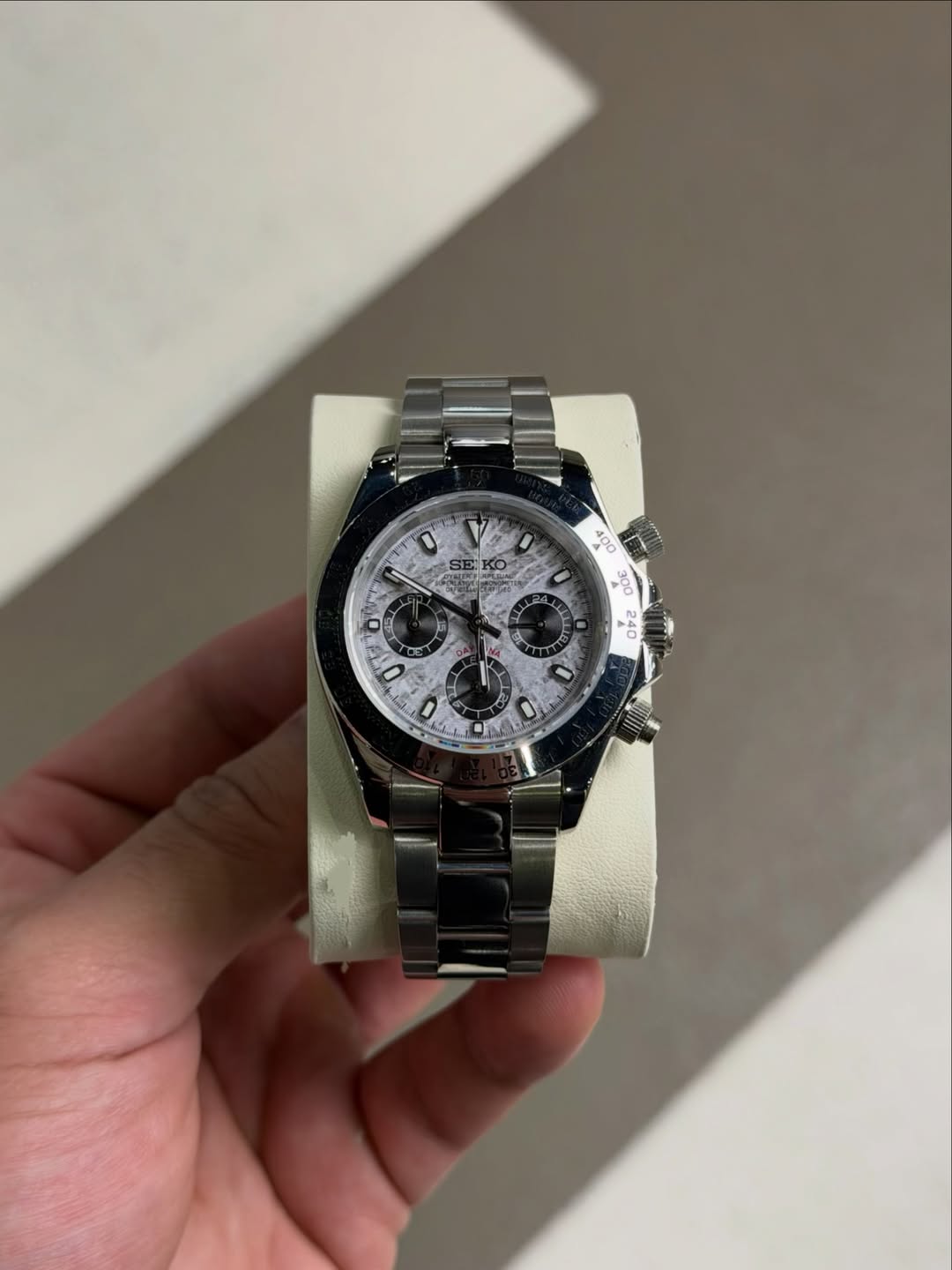 Platinum Meteorite Chronograph Seiko mod watch front view with detailed dial