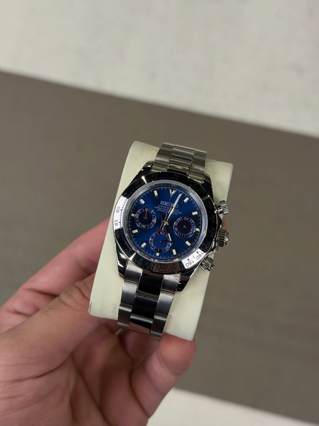 Dark Blue Chronograph Seiko mod watch on wrist with luxury design
