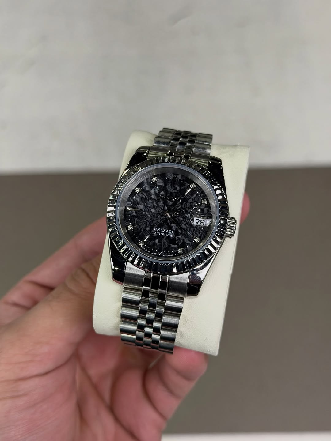 Geometric Majesty Dial Seiko mod watch on wrist with luxury design